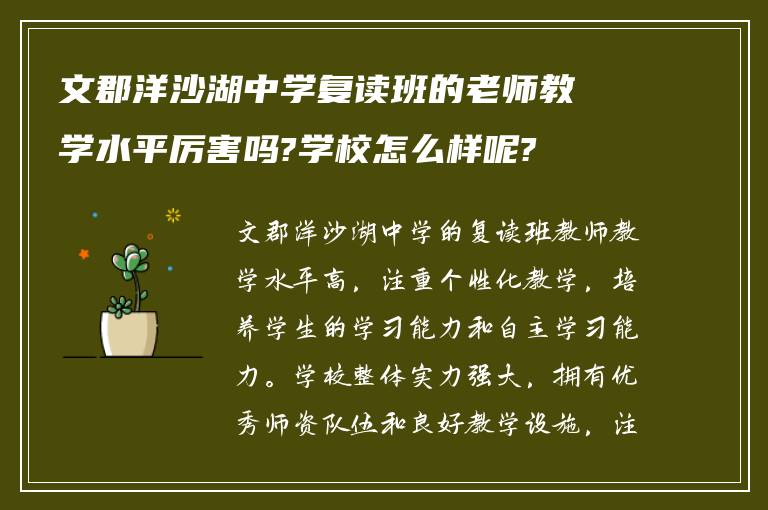 文郡洋沙湖中学复读班的老师教学水平厉害吗?学校怎么样呢?