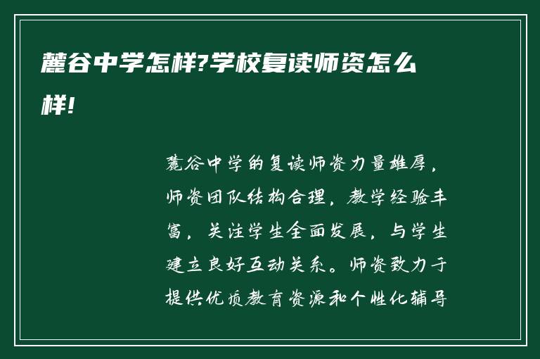 麓谷中学怎样?学校复读师资怎么样!