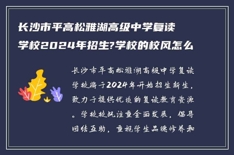 长沙市平高松雅湖高级中学复读学校2024年招生?学校的校风怎么样?