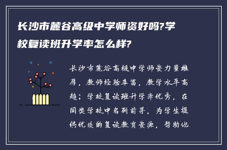 长沙市麓谷高级中学师资好吗?学校复读班升学率怎么样?