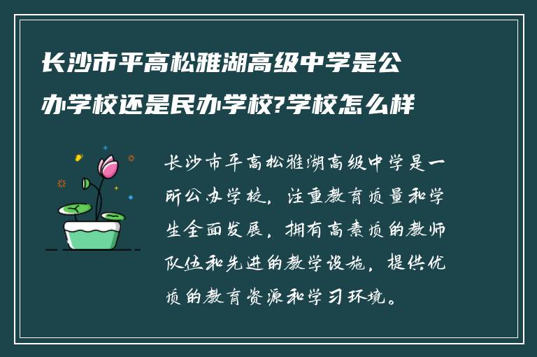 长沙市平高松雅湖高级中学是公办学校还是民办学校?学校怎么样呢?