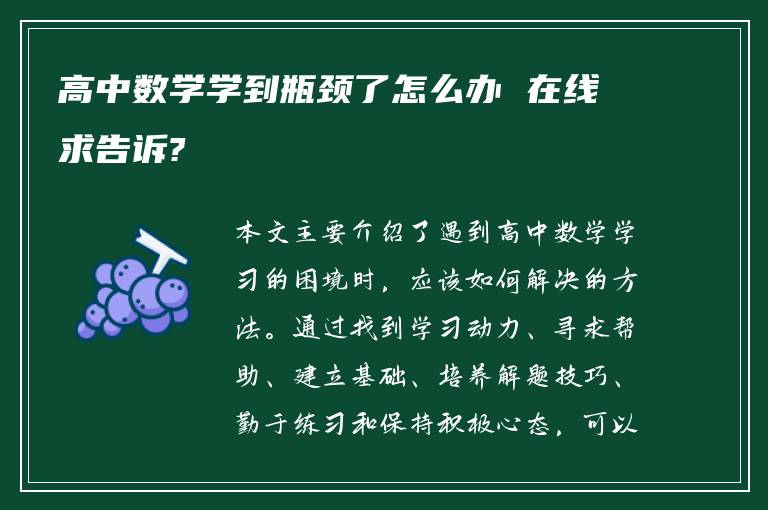 高中数学学到瓶颈了怎么办 在线求告诉?