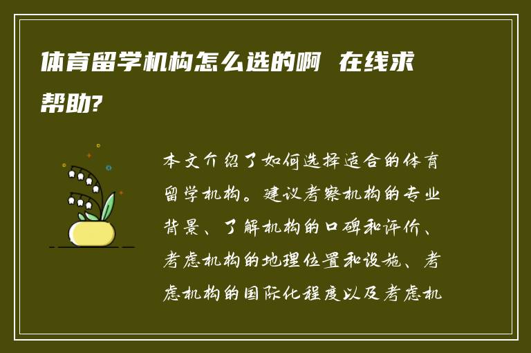 体育留学机构怎么选的啊 在线求帮助?