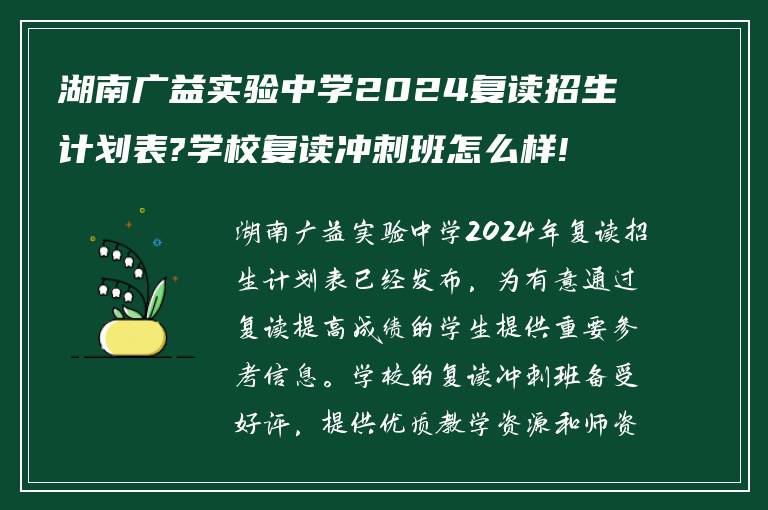 湖南广益实验中学2024复读招生计划表?学校复读冲刺班怎么样! 有知道的吗?